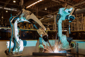 robot is welding in car factory